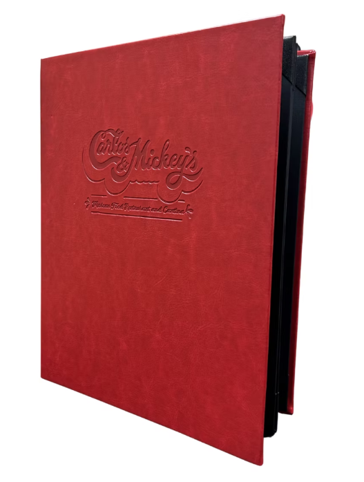 Carlos & Mickey's red leather menu cover with debossed logo