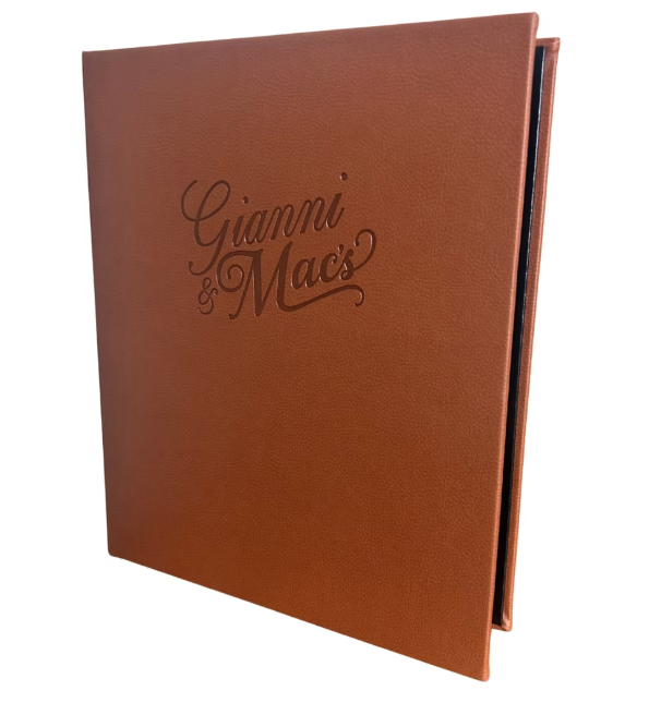 Gianni & Mac's tan leather menu cover, blind deboss script