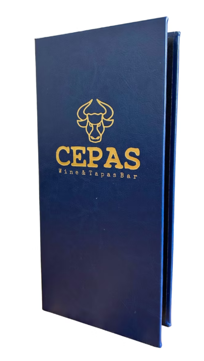 Cepas navy leather menu cover with gold bull emblem